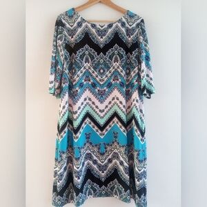 Studio One New York Blue Chevron Paisley Midi Dress XL Short Sleeve Career